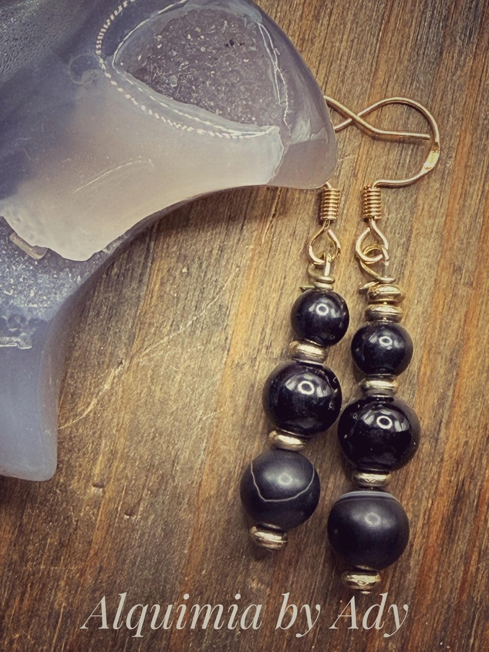 Black onyx and agate Gold Beaded Drop Earrings